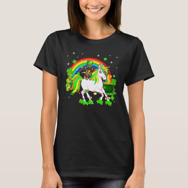 Leprechaun Dachshund Riding Unicorn Happy St Patri T-Shirt (Front)