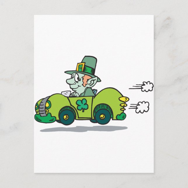 Leprechaun Driving A Green Car Postcard (Front)