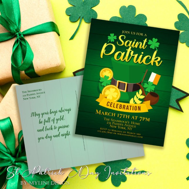 Leprechaun Hat and Gold St. Patrick's Day Invitation Postcard (Creator Uploaded)
