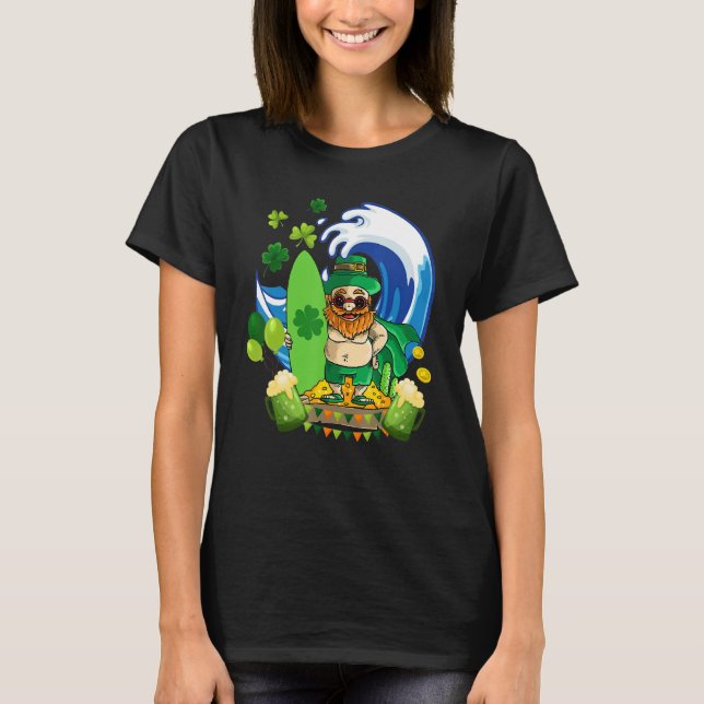 Leprechaun Hawaiian Surfing Shamrock St Patricks D T-Shirt (Front)
