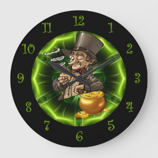 Leprechaun Leaning On Pot Of Gold Large Clock