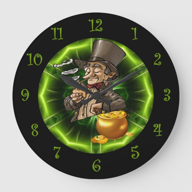Leprechaun Leaning On Pot Of Gold  Large Clock (Front)