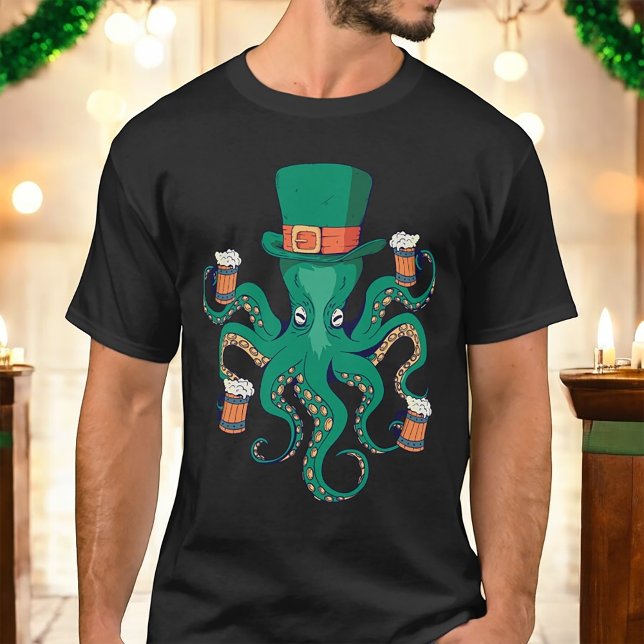 Leprechaun Octopus Cool St. Patrick's Day T-Shirt (Get your St. Patrick's Day spirit on with this fun beer-drinking octopus leprechaun.)