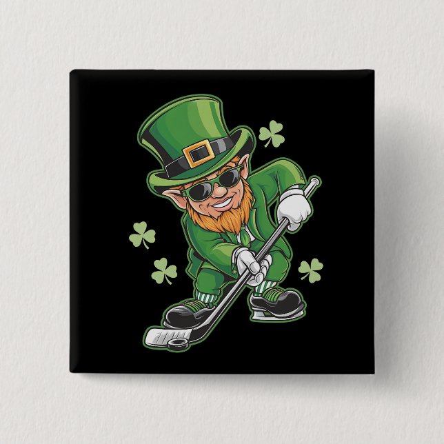 Leprechaun Playing Hockey St Patrick's Day Irish 15 Cm Square Badge (Front)