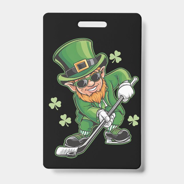 Leprechaun Playing Hockey St Patrick's Day Irish ID Badge (Front)