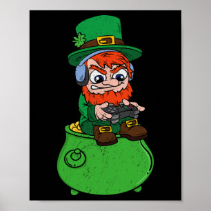 Leprechaun Playing Video Game St Patrick's Day Gam Poster