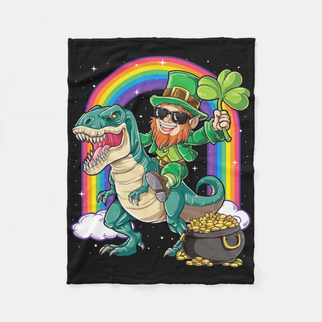 Leprechaun Riding Dinosaur St Patricks Day Boys Me Fleece Blanket (Front)