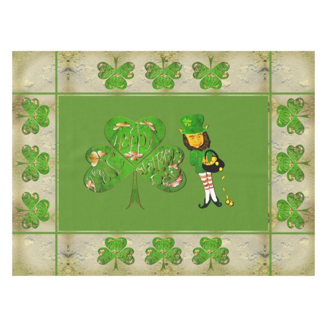 Leprechaun Shamrock "Happy St. Patrick's Tablecloth (Front (Horizontal))