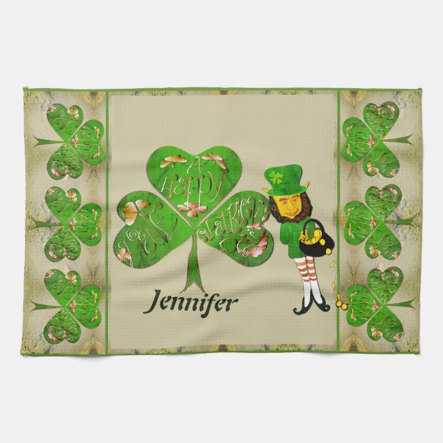 Leprechaun Shamrocks Grey Tea Towel (Horizontal)