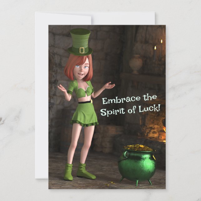 Leprechaun Toon Girl Next to the Pot of Gold Holiday Card (Front)