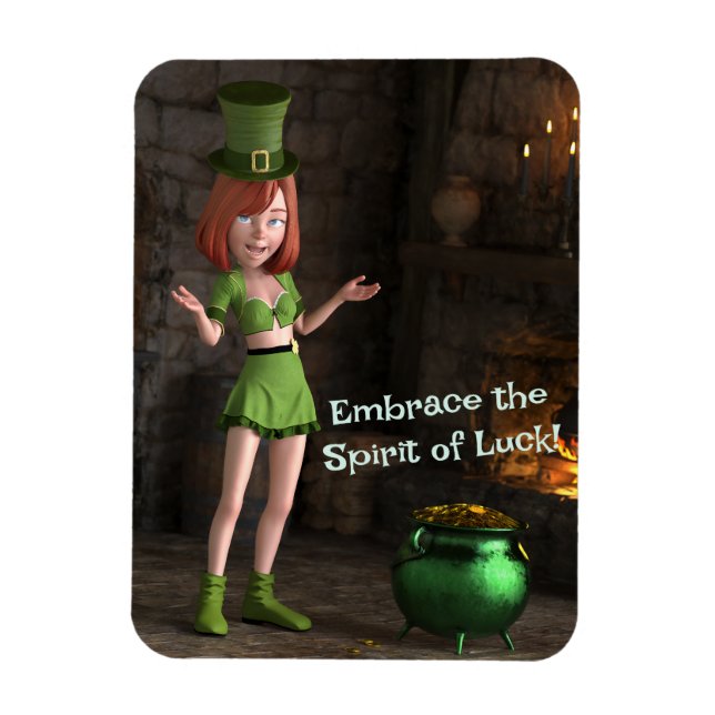 Leprechaun Toon Girl Next to the Pot of Gold Magnet (Vertical)