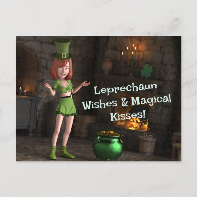 Leprechaun Toon Girl Next to the Pot of Gold Postcard (Front)
