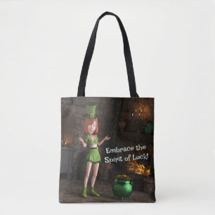 Leprechaun Toon Girl Next to the Pot of Gold Tote Bag