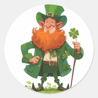 Leprechaun with Clover Staff Classic Round Sticker