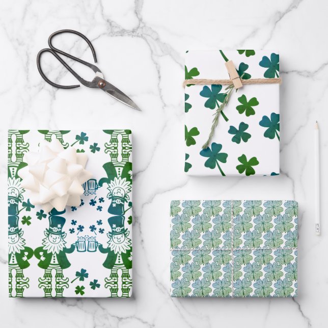 Leprechauns Lucky Irish 4 leaf Clovers Wrapping Paper Sheet (Front)