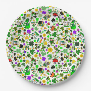 Leprechauns Shamrocks Gold Mushrooms Kiss Me Irish Paper Plate