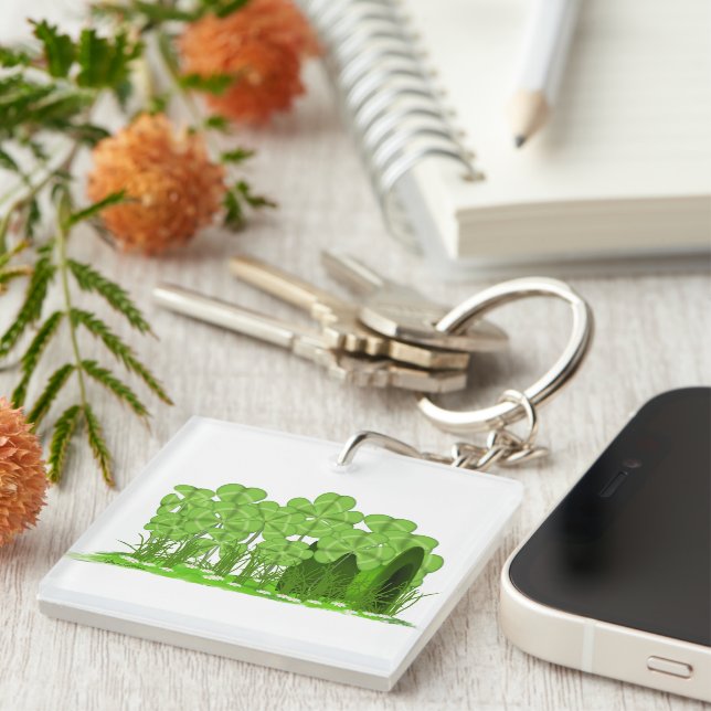 Leprechaun's Top Hat Lying in Field of Shamrocks  Key Ring (Front Right)