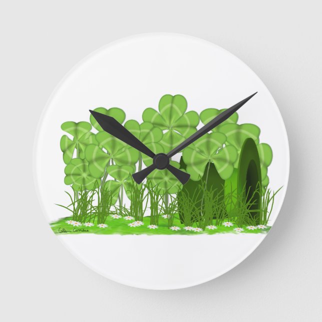 Leprechaun's Top Hat Lying in Field of Shamrocks Round Clock (Front)