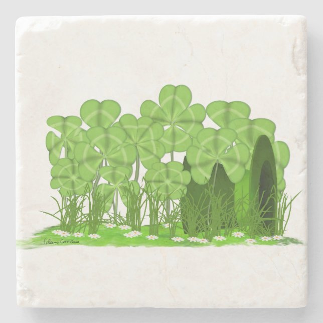 Leprechaun's Top Hat Lying in Field of Shamrocks Stone Coaster (Front)