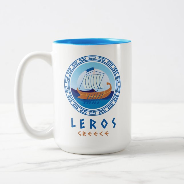 Leros, Greece Greek Ship Design Two-Tone Coffee Mug (Left)
