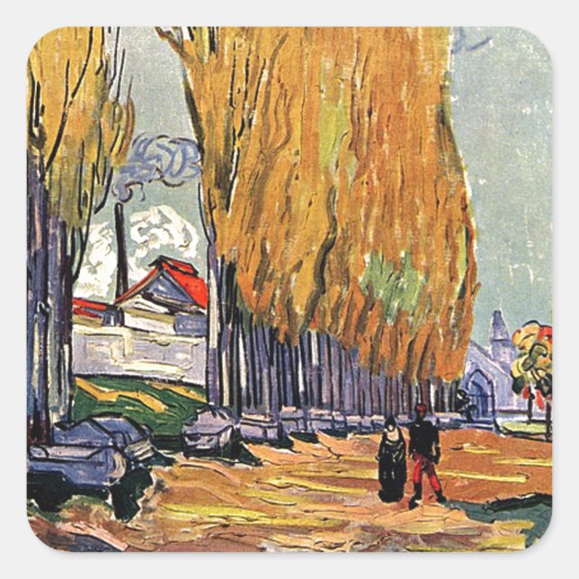 Les Alyscamps by Van Gogh. Autumn landscape Square Sticker (Front)