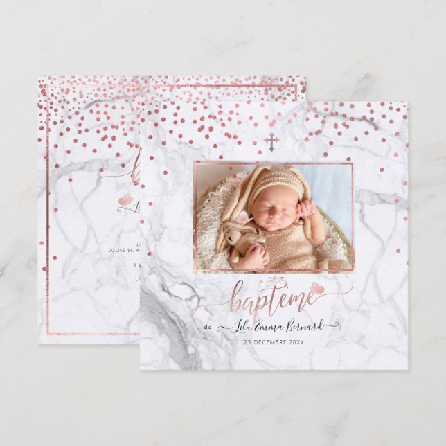 Les confettis d'or rose Faire-part de Baptême Invitation (Front/Back)