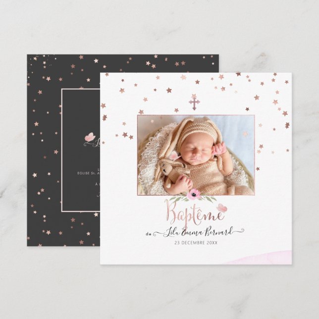 Les etoiles d'or rose Faire-part de Baptême Invitation (Front/Back)