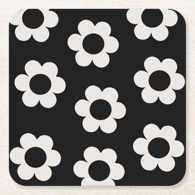 Les Fleurs 02 Black And White Floral Retro Flowers Square Paper Coaster (Front)