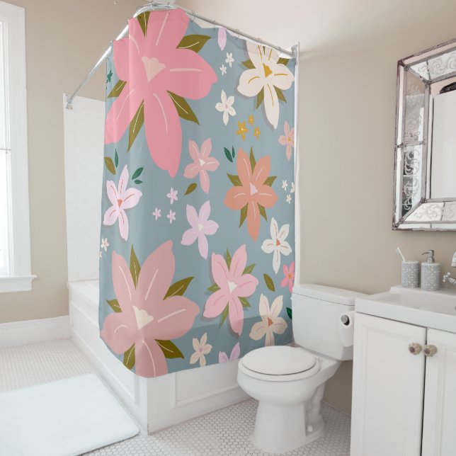 Les Fleurs 06 Flower Pattern Blue And Blush Floral Shower Curtain (In Situ)