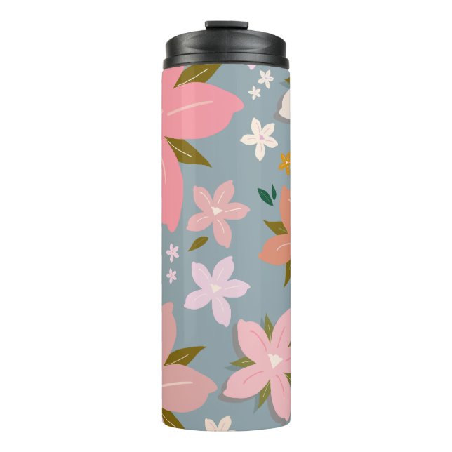Les Fleurs 06 Flower Pattern Blue And Blush Floral Thermal Tumbler (Front)