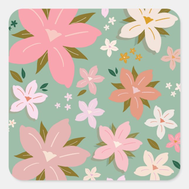 Les Fleurs 07 Abstract Flowers Green Blush Floral Square Sticker (Front)