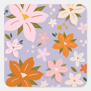 Les Fleurs 08 Retro Flowers Purple Floral Square Sticker