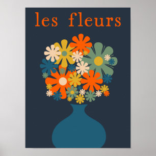 Les Fleurs Cute Retro Flowers in Vase Blue Orange Poster