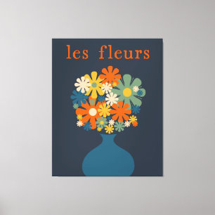 Les Fleurs Retro Flowers in Vase Blue Orange Canvas Print