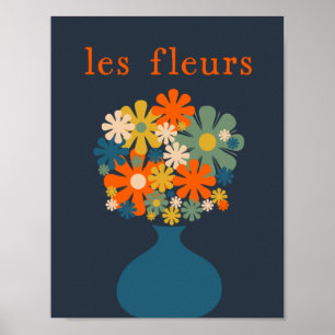 Les Fleurs Retro Flowers in Vase Blue Orange Poster