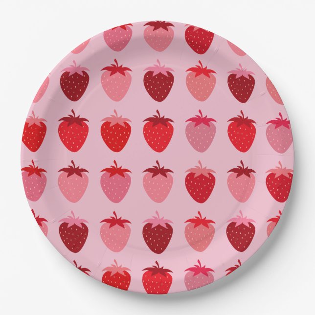 Les Fraises 01 Pink And Red Preppy Strawberries Paper Plate (Front)