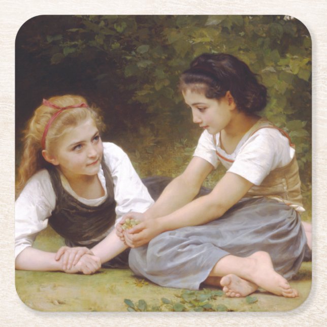 Les Noisettes: Young Girls Collecting Hazelnuts Square Paper Coaster (Front)