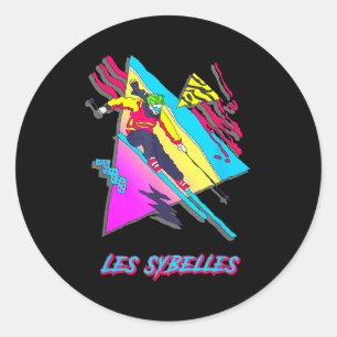 Les sybelles vibrant skiing artwork with geometric classic round sticker