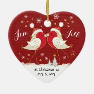 Lesbian, 1st Christmas as Mrs & Mrs, Robins Heart Ceramic Tree Decoration