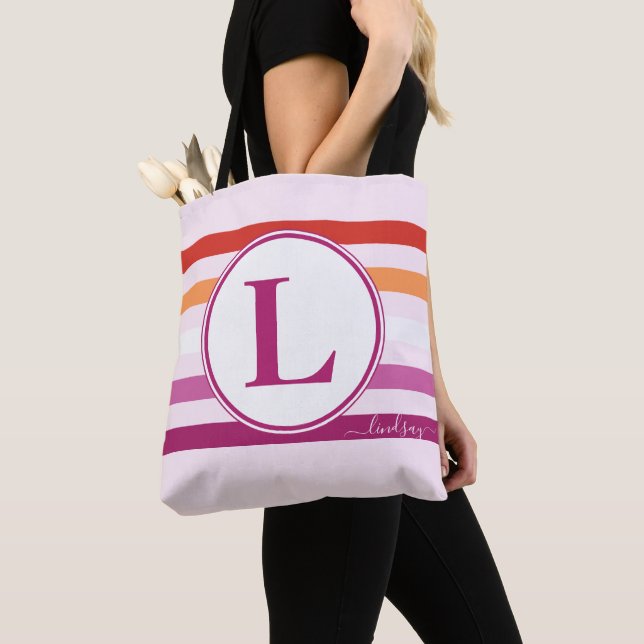 Lesbian (5-Stripe) Stripes Monogram Name Pink LGBT Tote Bag (Close Up)
