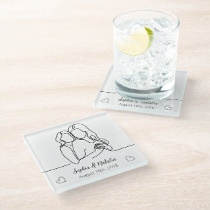 Lesbian Anniversary Elegant Personalised Line Art Glass Coaster