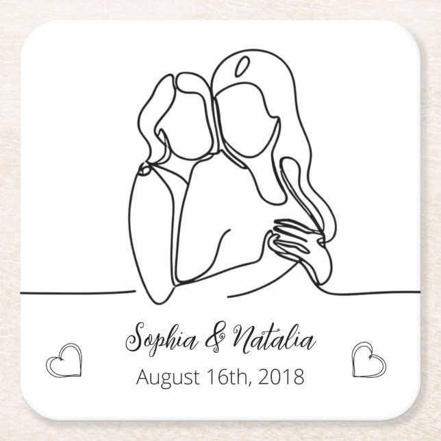 Lesbian Anniversary Elegant Personalised Line Art Square Paper Coaster (Front)
