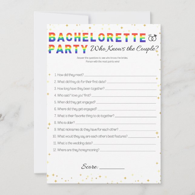 Lesbian Bachelorette Party Game, Couple Game Invitation (Front)