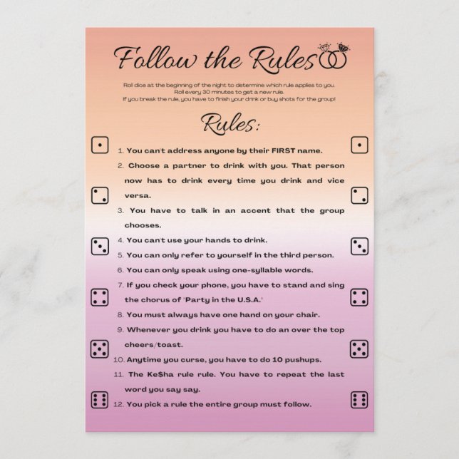 Lesbian Bachelorette Party Game, Follow the Rules Invitation (Front)
