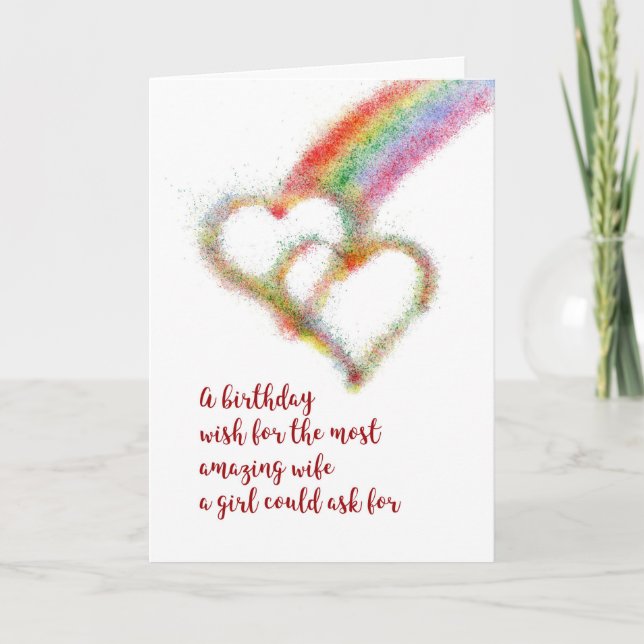 Lesbian Birthday Wish for Wife, Hearts, Rainbow Card (Front)