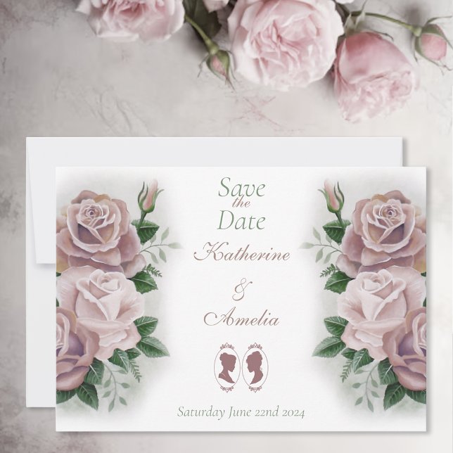 Lesbian Brides Regency Pink Roses Save The Date (Creator Uploaded)
