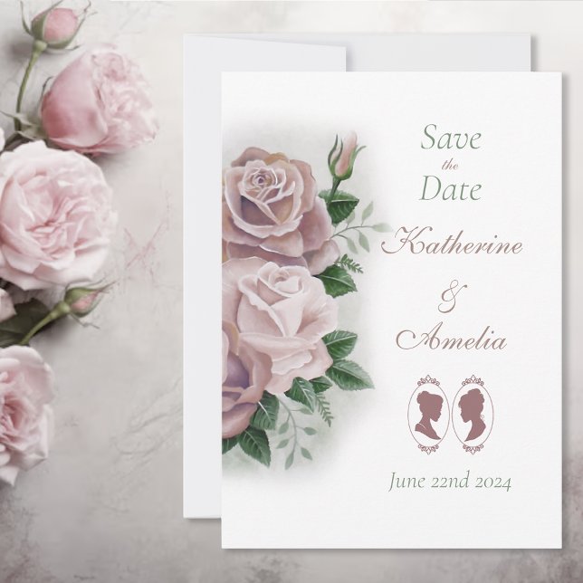 Lesbian Brides Regency Pink Roses Save The Date (Creator Uploaded)