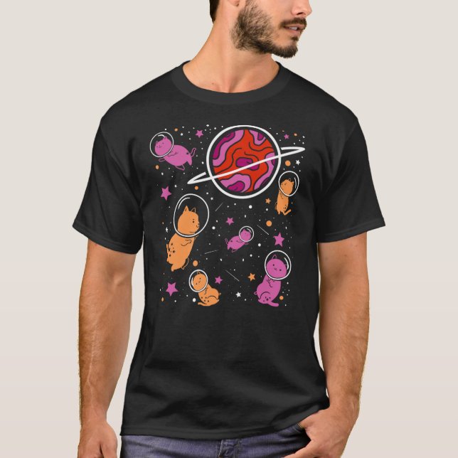 Lesbian Cat in Space Orange Pink Lesbian Pride T-Shirt (Front)