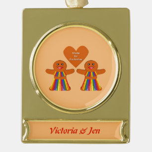 Lesbian Christmas Gingerbread Ladies Couple Custom Gold Plated Banner Ornament