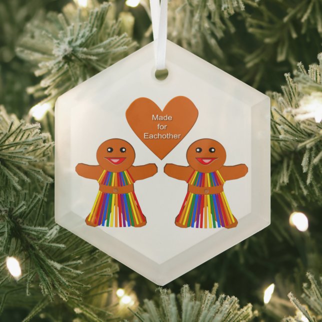 Lesbian Christmas Gingerbread Ladies Couple Glass Tree Decoration (Insitu)